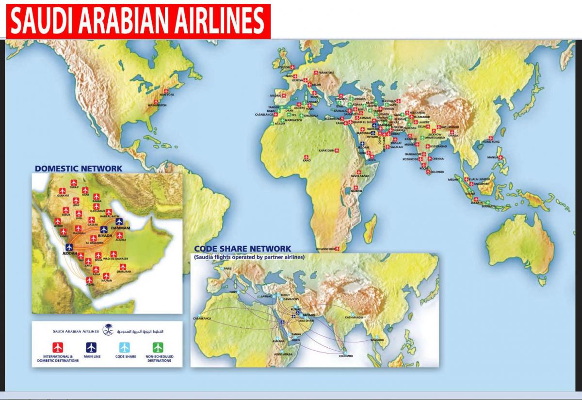 地图上的沙特阿拉伯航空公司的航线