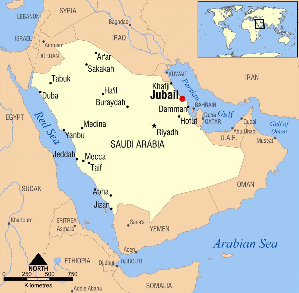 朱拜勒沙特阿拉伯王国的地图