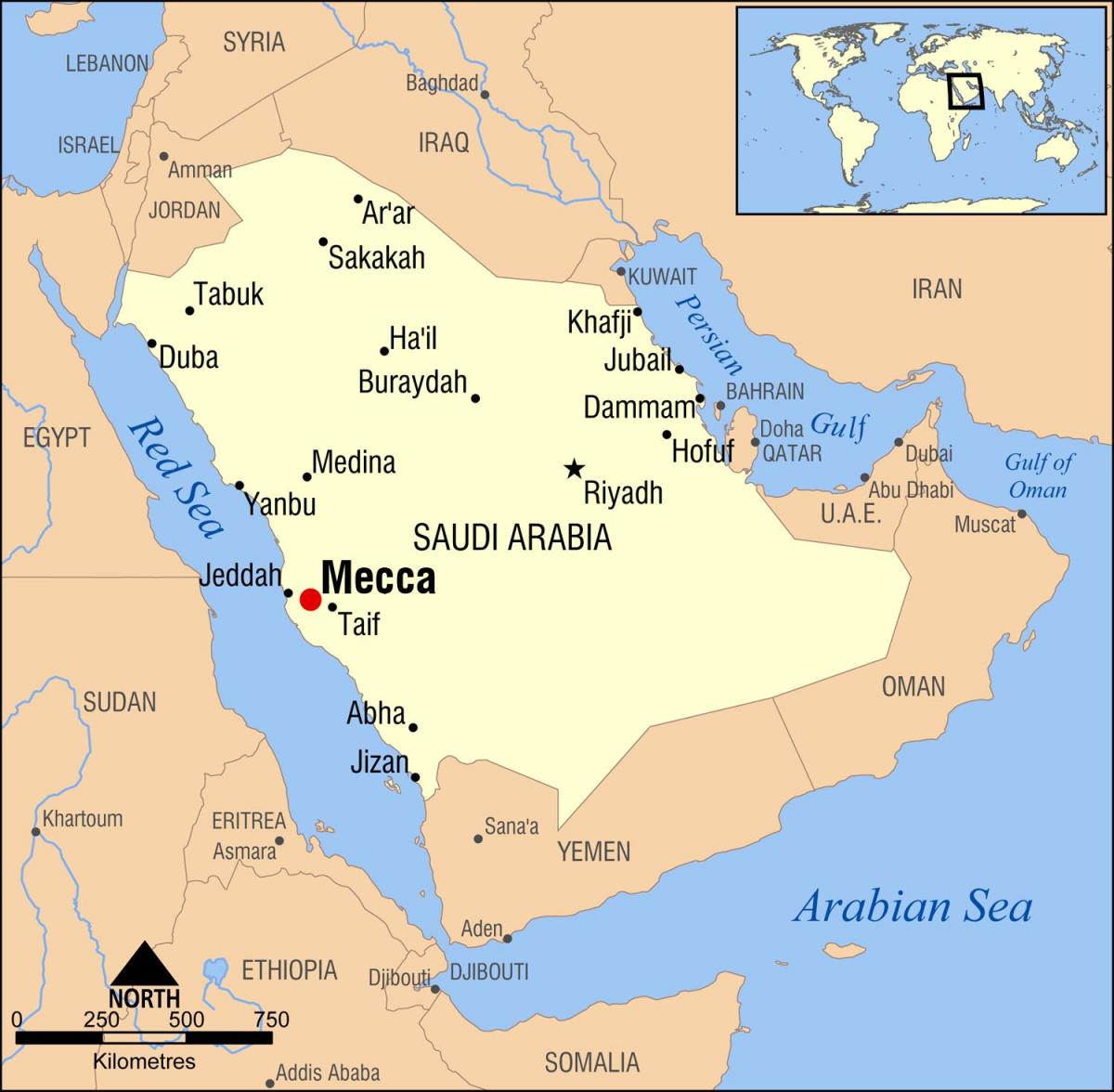 地图上的沙特阿拉伯的麦加