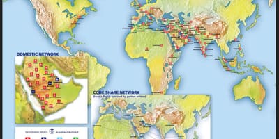 地图上的沙特阿拉伯航空公司的航线